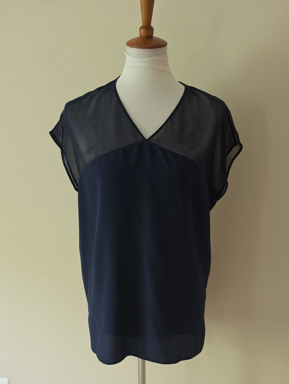 Vince Women's Navy V-Neck Sheer Yoke Blouse